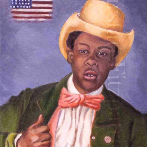 Young African American man wearing yellow stetson hat, pink vest and bowtie, and green jacket. American Flag in upper corner of image.