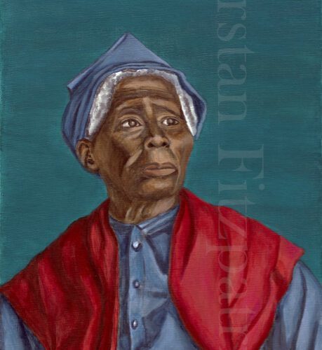 Older woman sitting in front of blue background wearing blue dress and blue handkerchief on her head with red shawl wrapped around her shoulders.