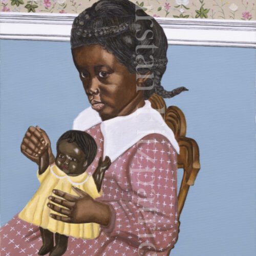 Young African American girl sitting in chair in a room while holding her doll.