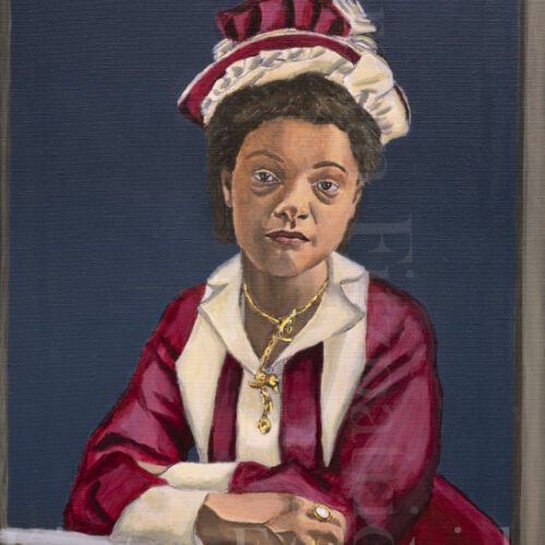 African American woman wearing a red cap and red dress, leaning out window.