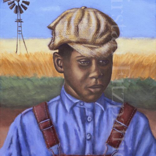 African American boy wearing blue shirt, red overalls, and tattered tan cap. He is standing in front of a field.