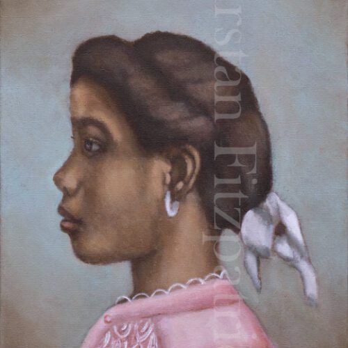 Teenage African American girl profile, wearing pink blouse and white ribbon in her hair.