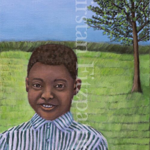 Young African American boy wearing green striped shirt standing outdoors in front of a blue sky, grass, and a tree.