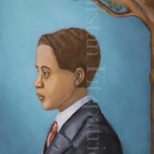 Profile of teenage African American boy wearing black jacket and pink tie, standing under tree.