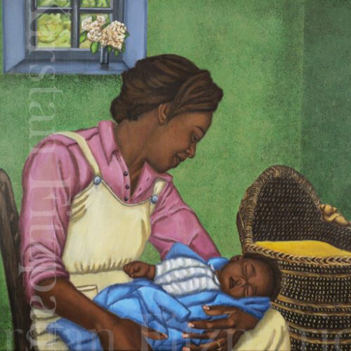 African American mother holding her baby while sitting in a chair in a room with a window and bassinet.