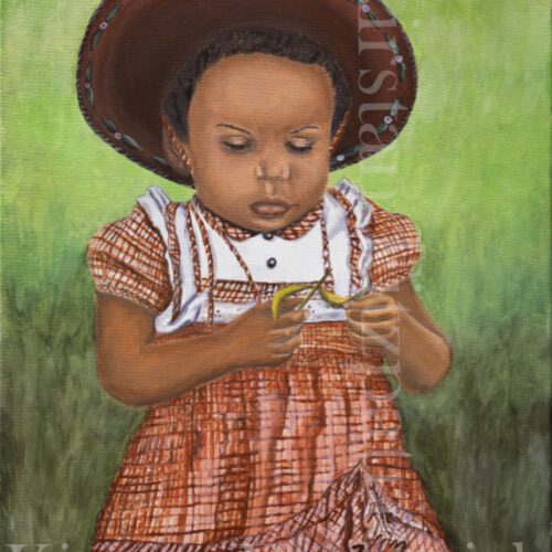 Little Toddler girl wearing red checkered dress, holding leaf while standing in a green field.