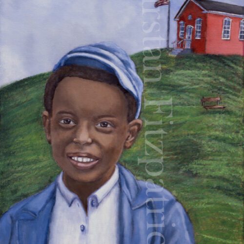 Young African American boy standing outside in front of a grassy hill with a red school house and American Flag in the background.