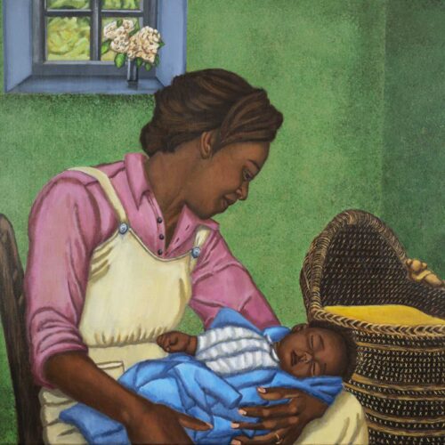 African American mother holding her baby while sitting in a chair in a room with a window and bassinet.
