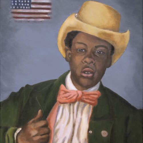 Young African American man wearing yellow Stetson hat, pink vest and bowtie, and green jacket. American Flag in upper corner of image.