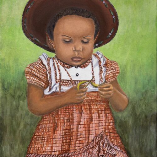 African American Toddler standing in front of grass wearing a red and white checkered dress, brown hat, holding a leaf in her hands.