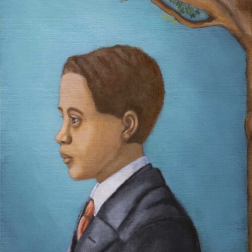 Profile of teenage African American young man wearing black jacket and pink tie, standing under tree.