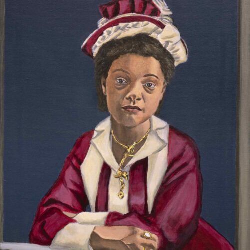 African American woman wearing a red cap and red dress, leaning out window.